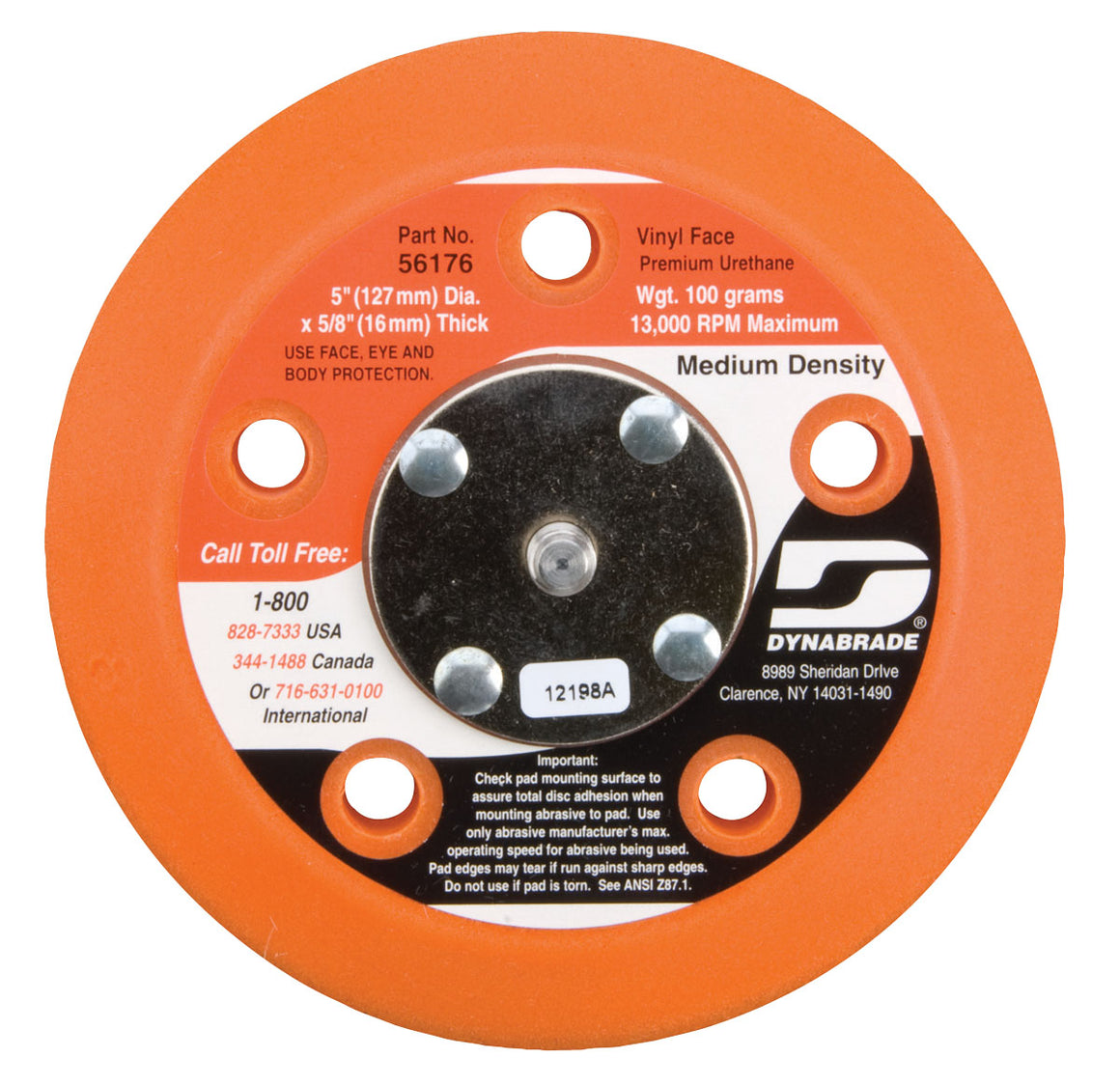 56176 - 5" (127 mm) Dia. Vacuum Disc Pad, Vinyl-Face 5/8" (16 mm) Thickness Urethane, Medium Density, 5/16"-24 Male Thread